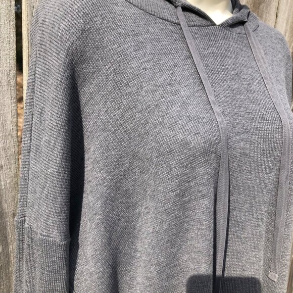 Eileen Fisher Large Gray Cozy Waffle Knit Hooded Top Hoodie Sweater Drawstring - Picture 6 of 8